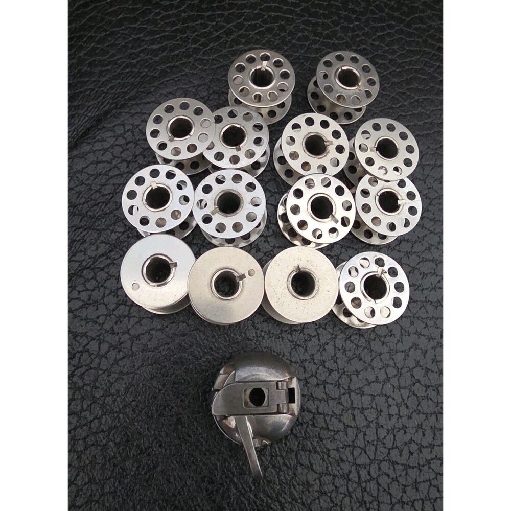 Singer 15-91 125291 Simanco USA Bobbin Case Cap + 14 Bobbins Vintage
